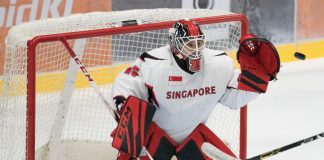 hockey goalie showing defense pose during game