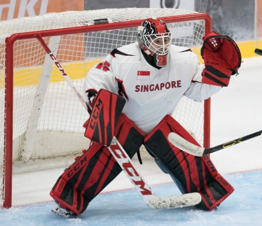 hockey goalie showing defense pose during game