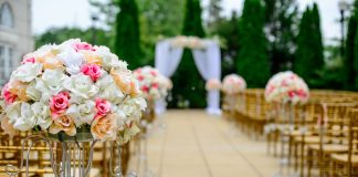 selective focus photography white and pink isle flower arrangement