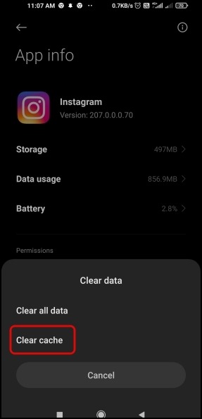 Clear Cache Instagram