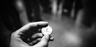 grayscale photography of person holding coin