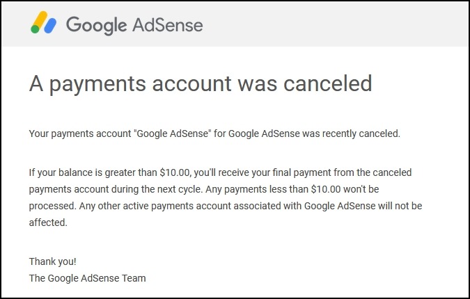 Fix "One of your payments accounts was canceled" on AdSense