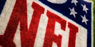 red, white, and blue NFL area rug
