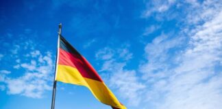 blue, red, and yellow flag