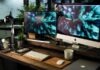 two computer monitors turned on with the same wallpaper