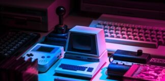 vintage gray game console and joystick