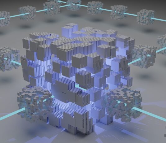 a computer generated image of a cube surrounded by smaller cubes