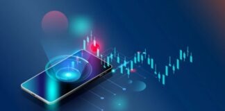 a cell phone with a blue background and a red dot on the screen