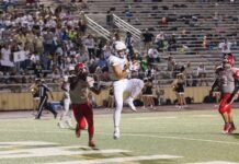 man catching brown football on stadium
