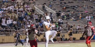man catching brown football on stadium