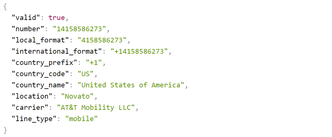 json response of the numverify phone carrier check api