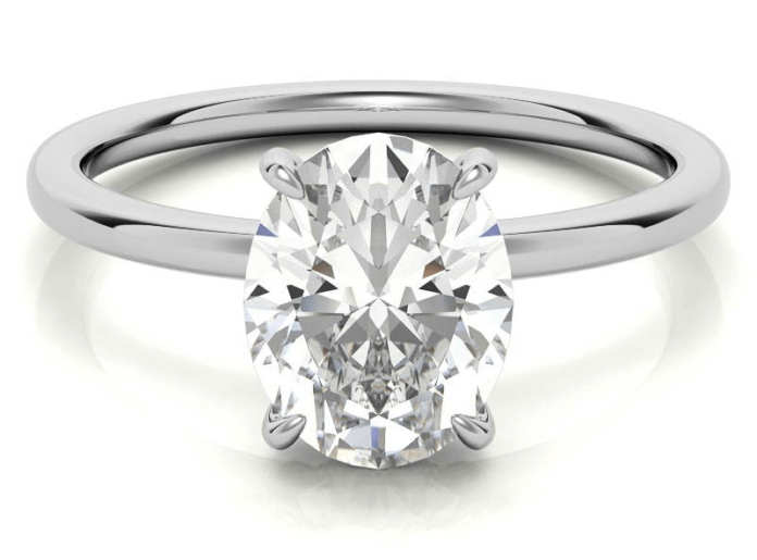Oval Lab Grown Diamond Solitaire Ring with Hidden Halo and Plain Band