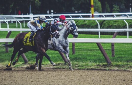 two man riding horse while racing