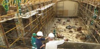 man in white long sleeve shirt and blue denim jeans standing on white metal ladder