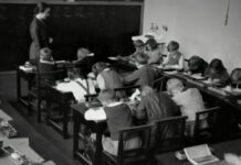 grayscale photography of teacher standing near chalkboard and children sitting on chairs