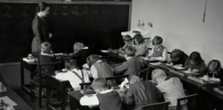 grayscale photography of teacher standing near chalkboard and children sitting on chairs