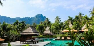 photo of brown bench near swimming pool
