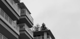grayscale photo of school building