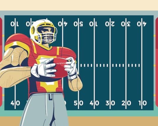 American football players in front of field