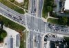 an aerial view of a busy intersection in a city