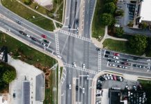 an aerial view of a busy intersection in a city